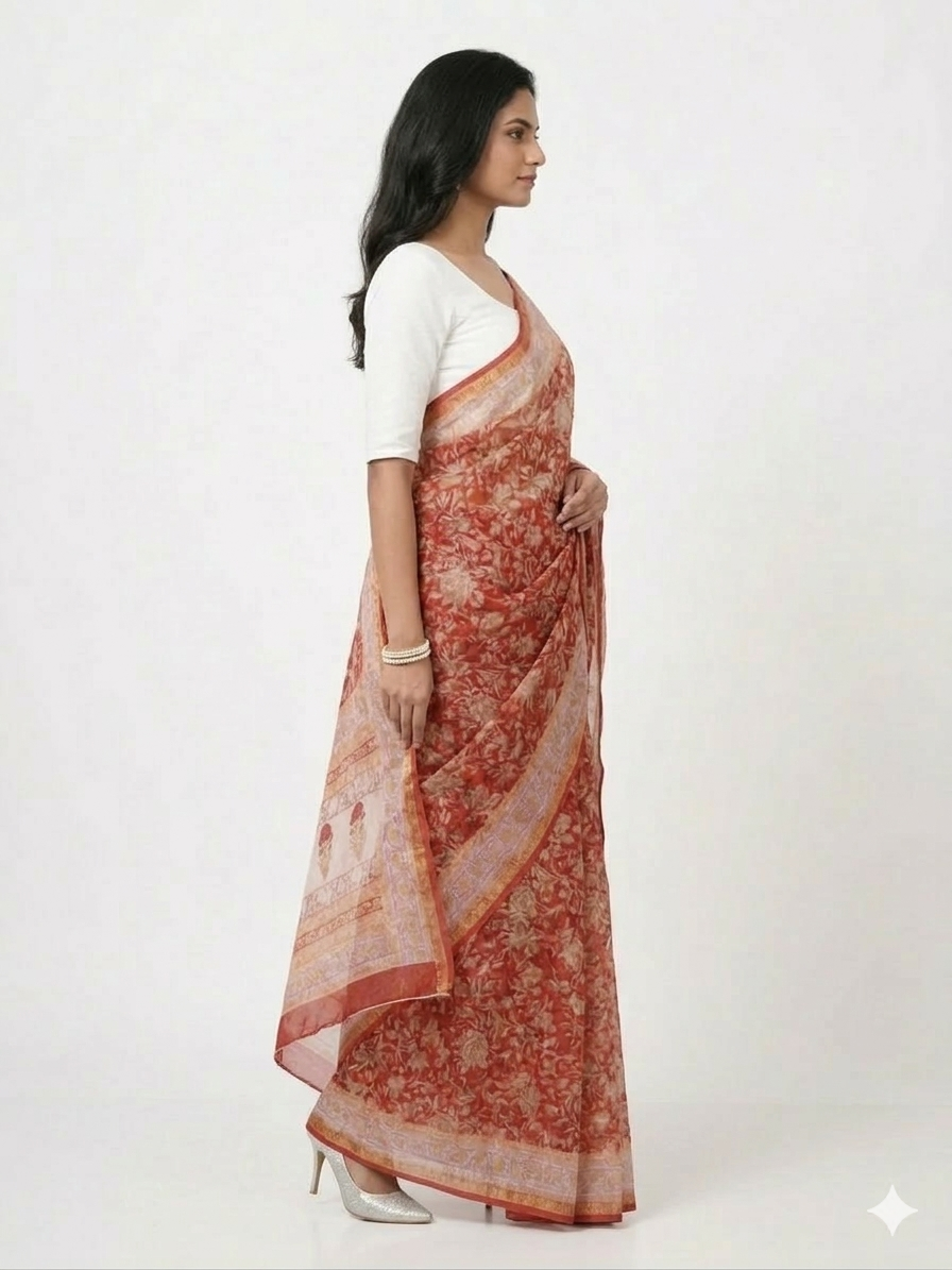 Red Yellow Handblock Kota Cotton Saree