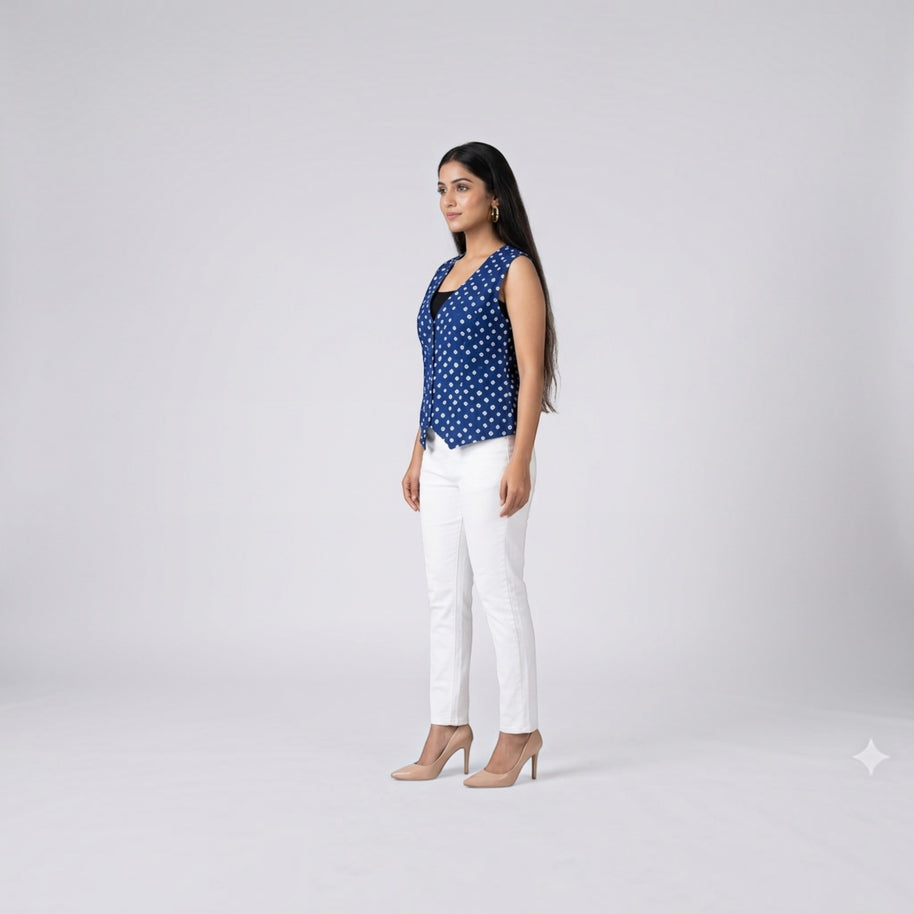 Blue Modal Silk Bandhej Waistcoat