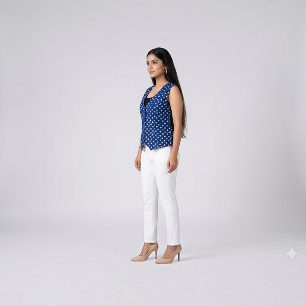 Blue Modal Silk Bandhej Waistcoat