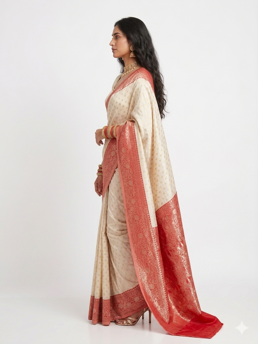 Cream Red Border Silk Saree