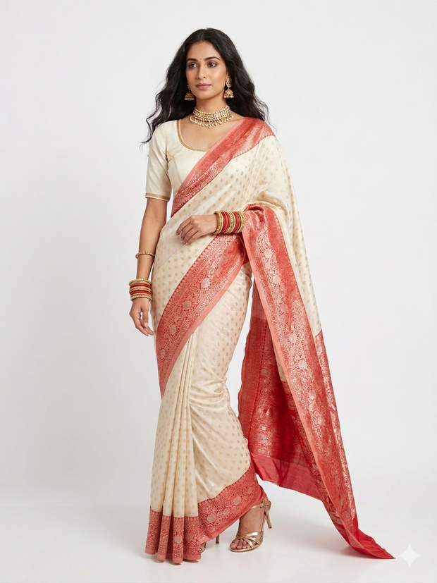 Cream Red Border Silk Saree