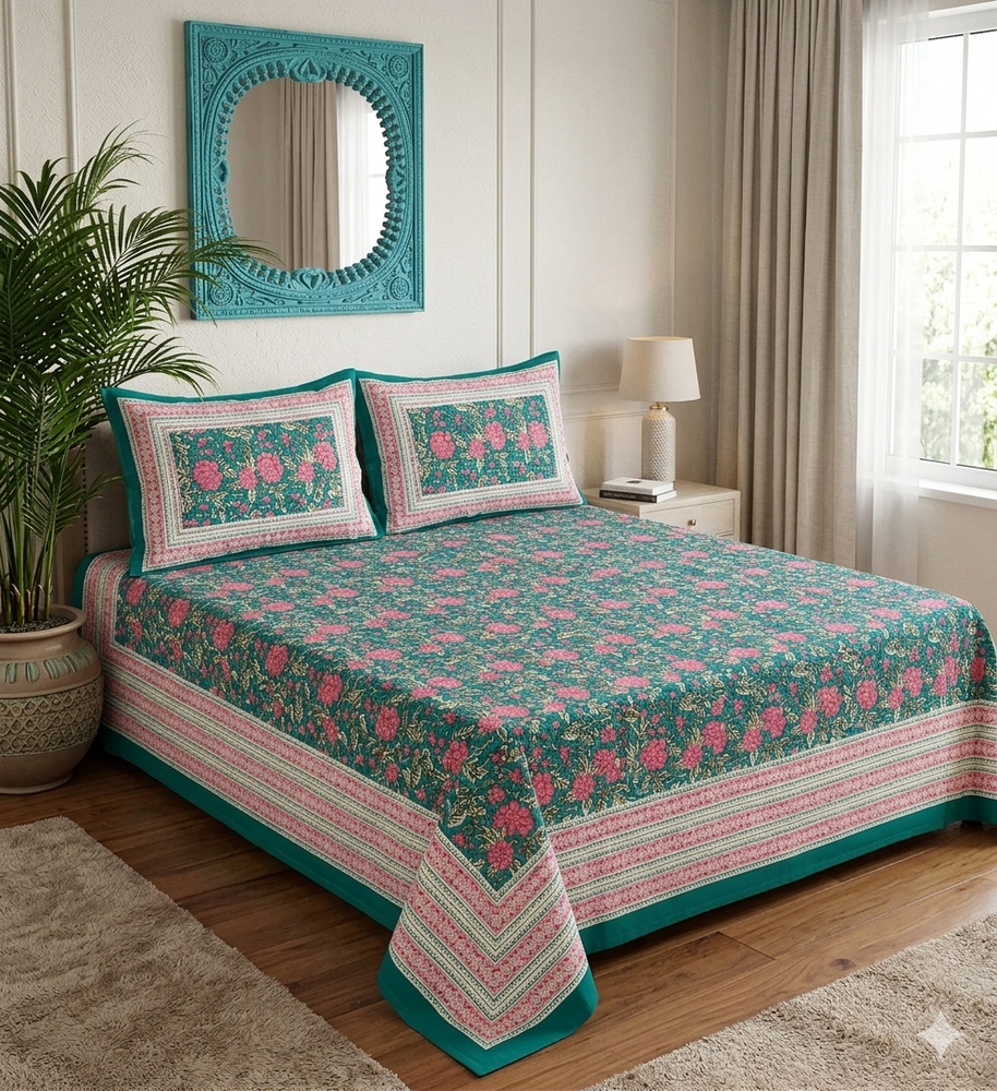 Green Pink Handblock Print Double Bedsheet