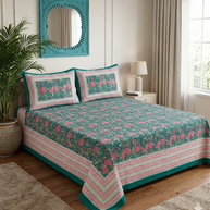 Green Pink Handblock Print Double Bedsheet