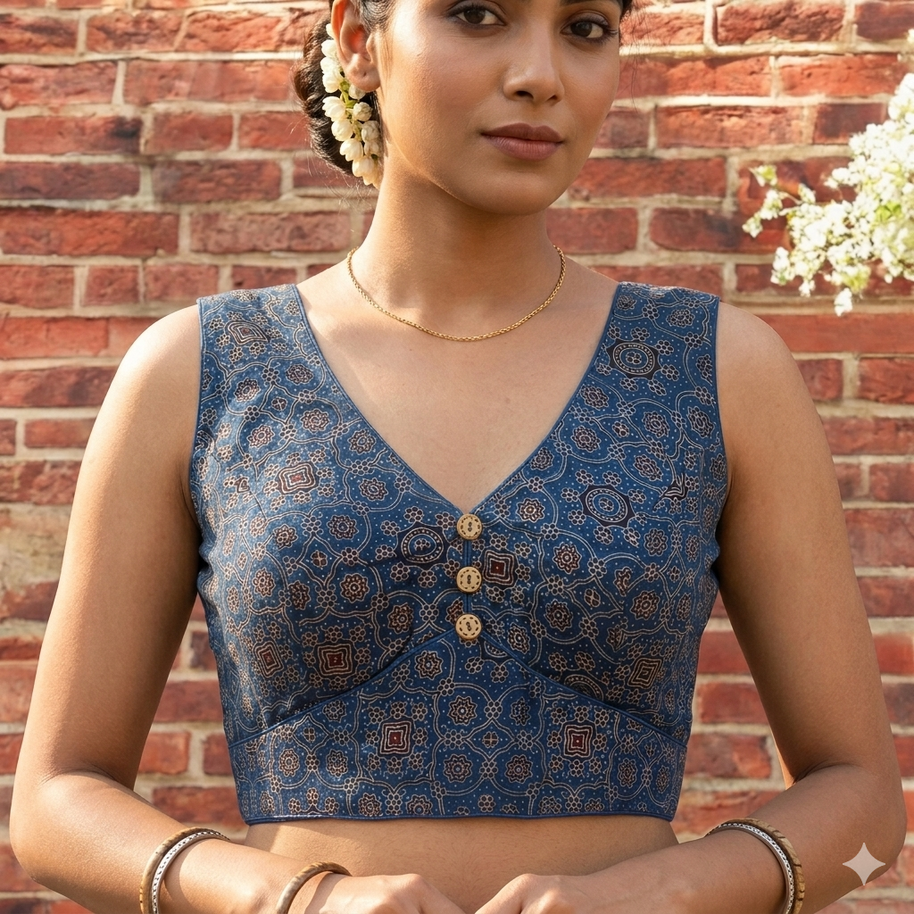 Dark Blue Ajrakh Modal Silk Blouse
