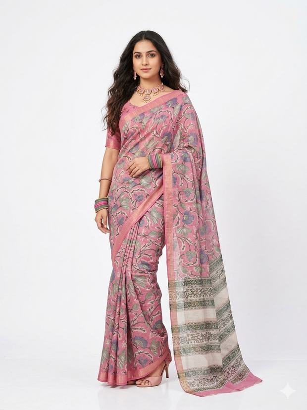 Pink Handblock Maheswari Silk Saree