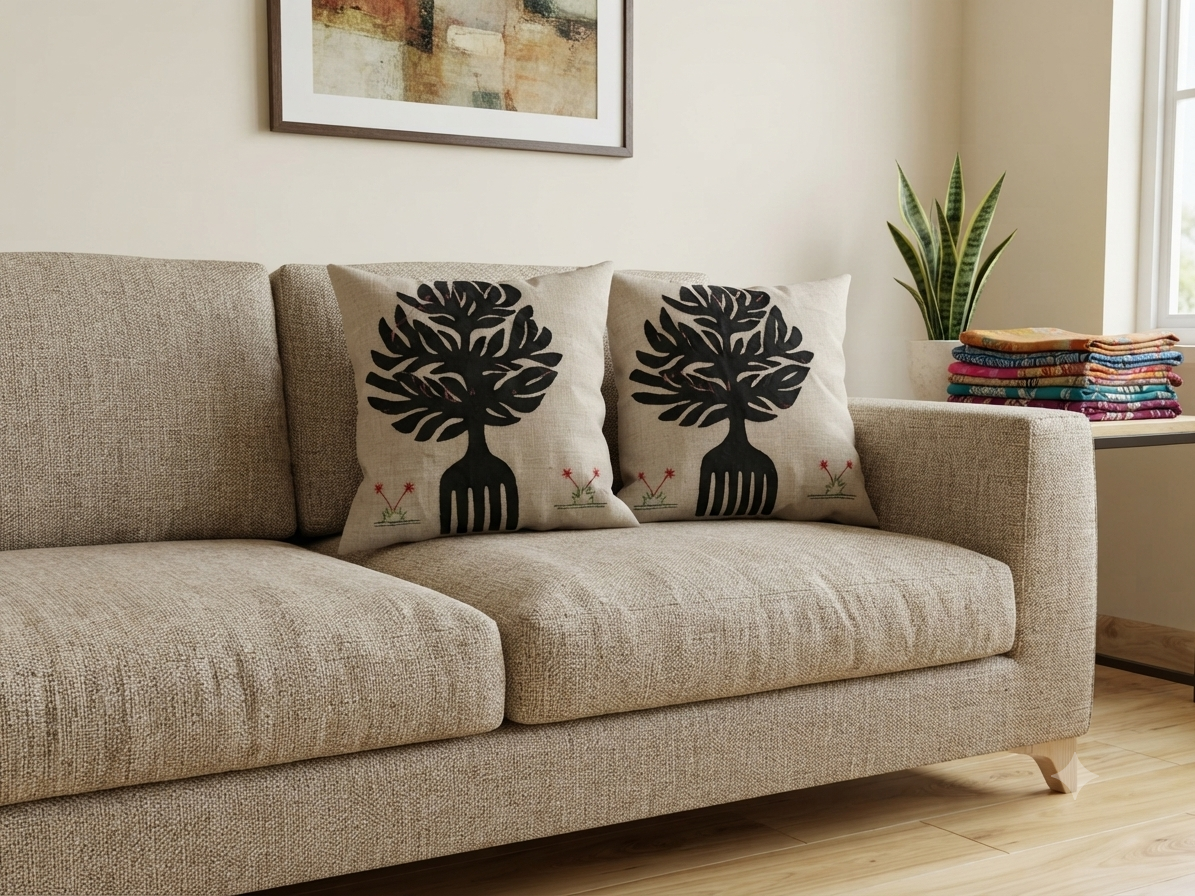 Cream Applique Work Cushion Cover