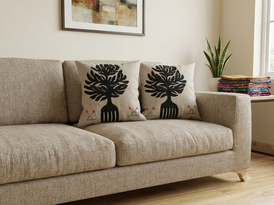 Cream Applique Work Cushion Cover