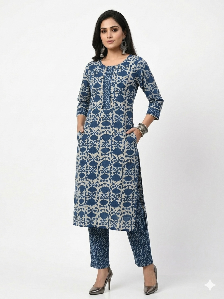 Indigo Handblock Cotton Kurta & Pant