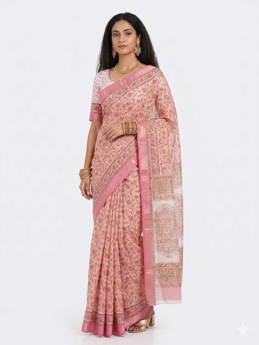 Light Peach Maheswari Silk Saree