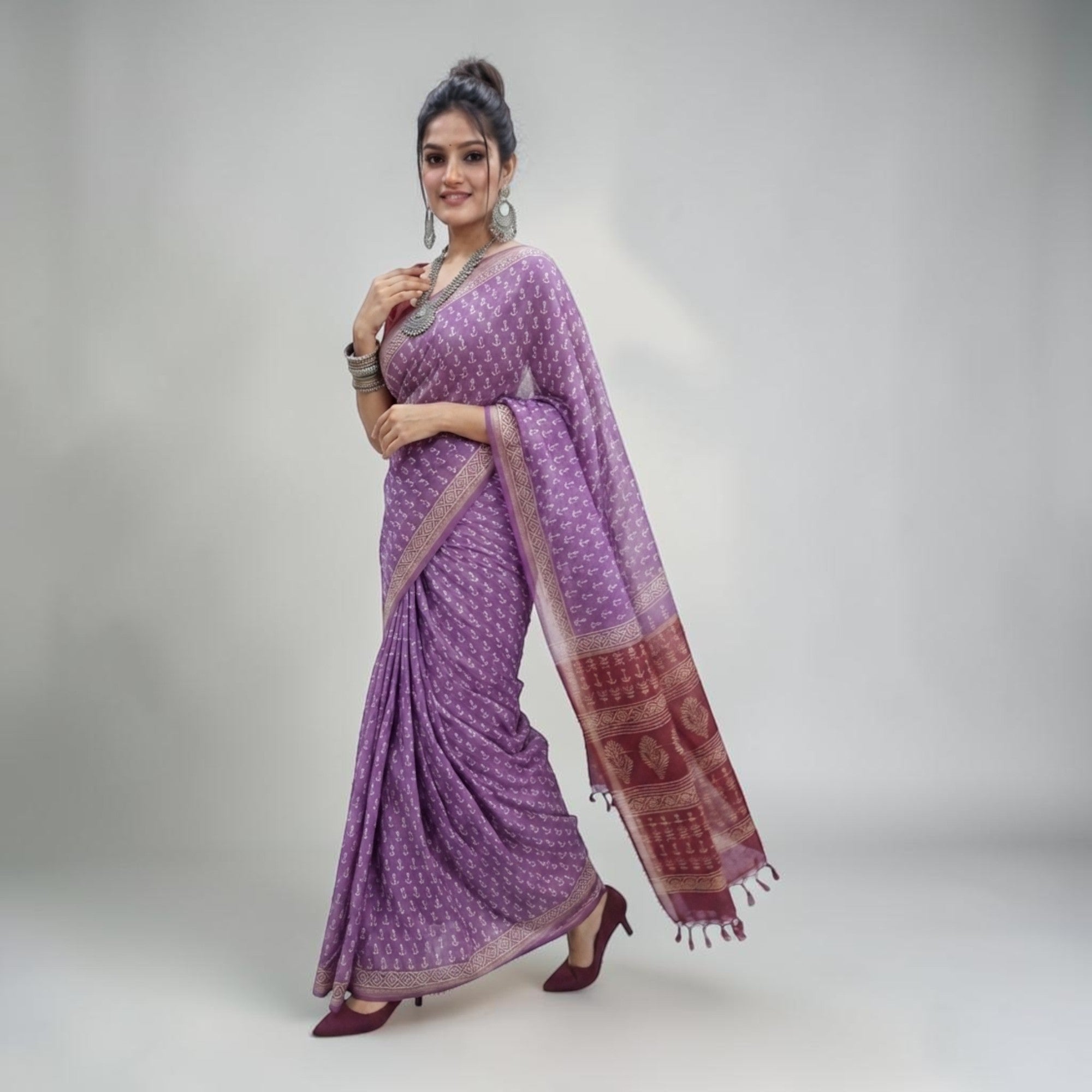 Purple Handblock Chanderi Saree