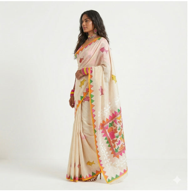 Cream Handpainted Cotton Saree