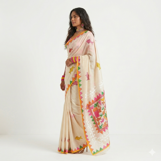 Cream Handpainted Cotton Saree