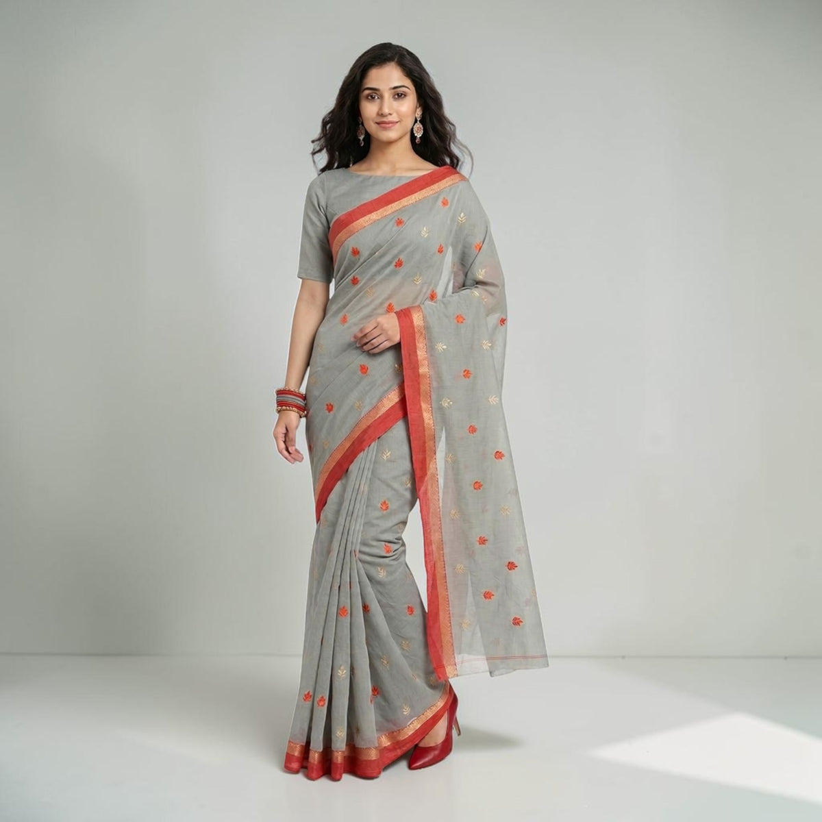 Grey Orange Floral Cotton Saree