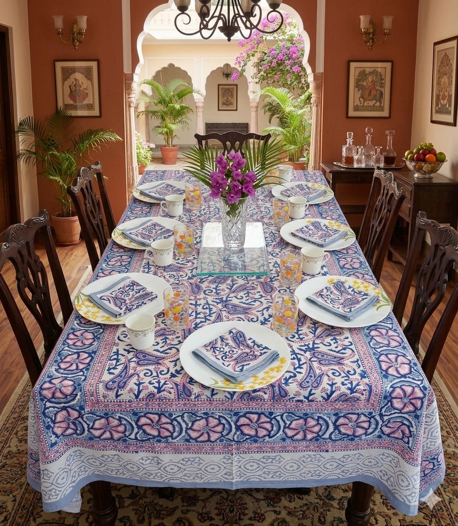 Handblock Print Cotton 6 Seater Rectangular Table Cover