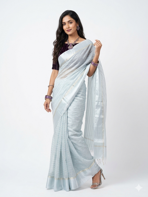 Ligth Blue Stripe Georgette Saree