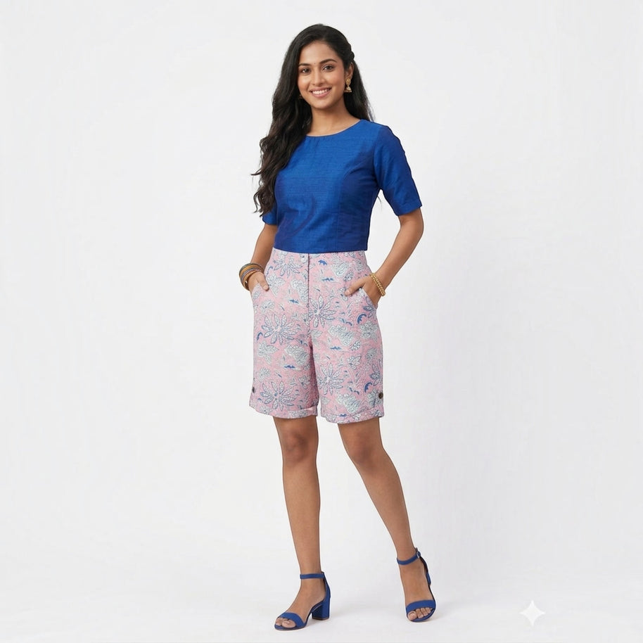 Pink Handblock cotton Shorts