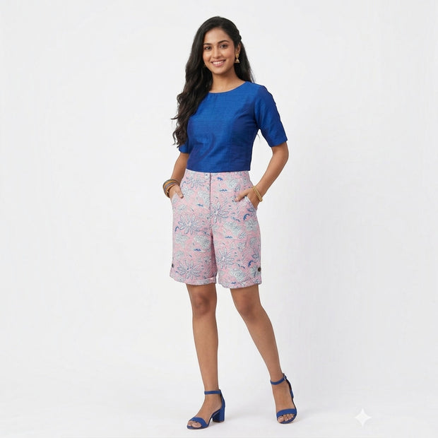 Pink Handblock cotton Shorts