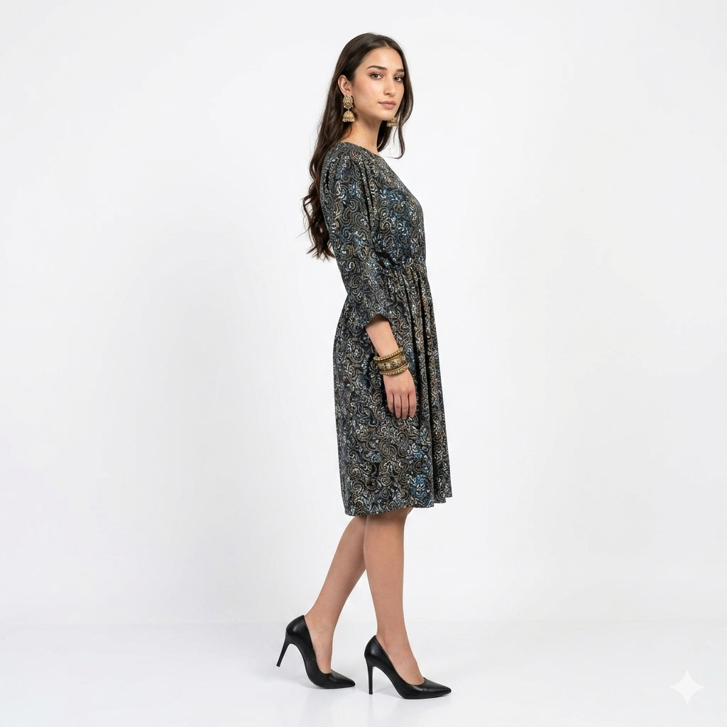 Blue Spiral Handblock Cotton Gathered Dress