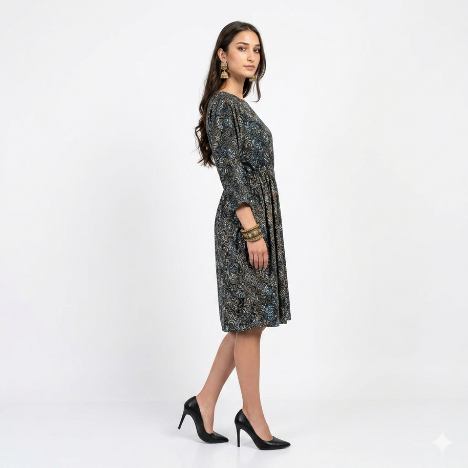 Blue Spiral Handblock Cotton Gathered Dress