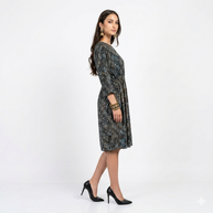 Blue Spiral Handblock Cotton Gathered Dress