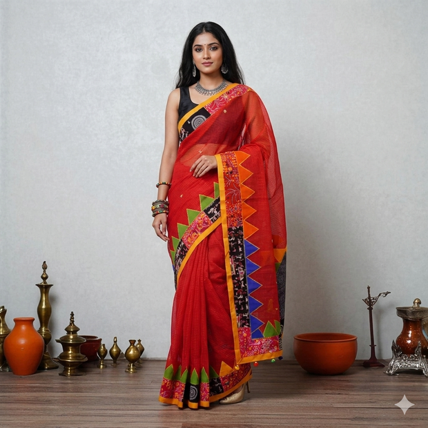 Red Applique Kota Cotton Saree