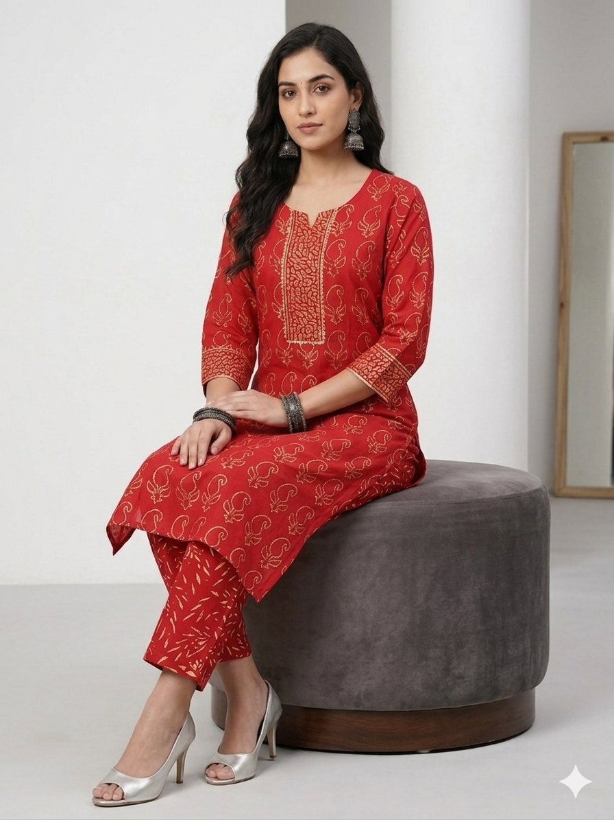 Red Handblock Cotton Kurta & Pant