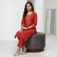 Red Handblock Cotton Kurta & Pant