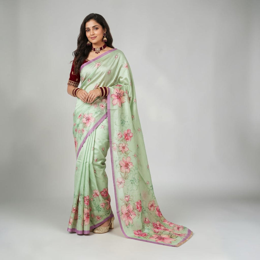 Green Tussar Floral Silk Saree