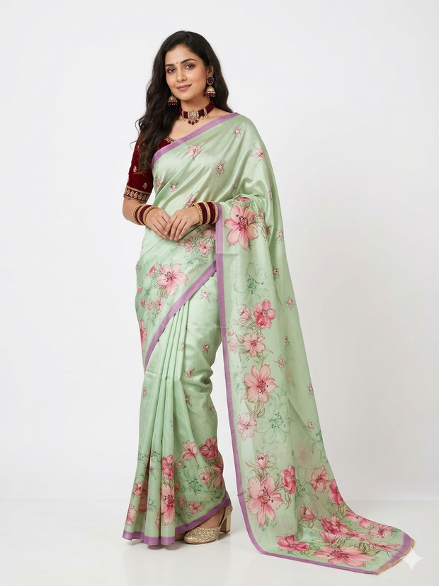 Green Tussar Floral Silk Saree
