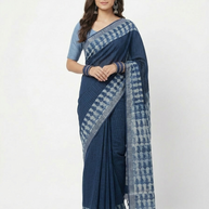 Blue Stripe Handblock Print Cotton Saree