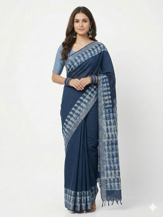 Blue Stripe Handblock Print Cotton Saree