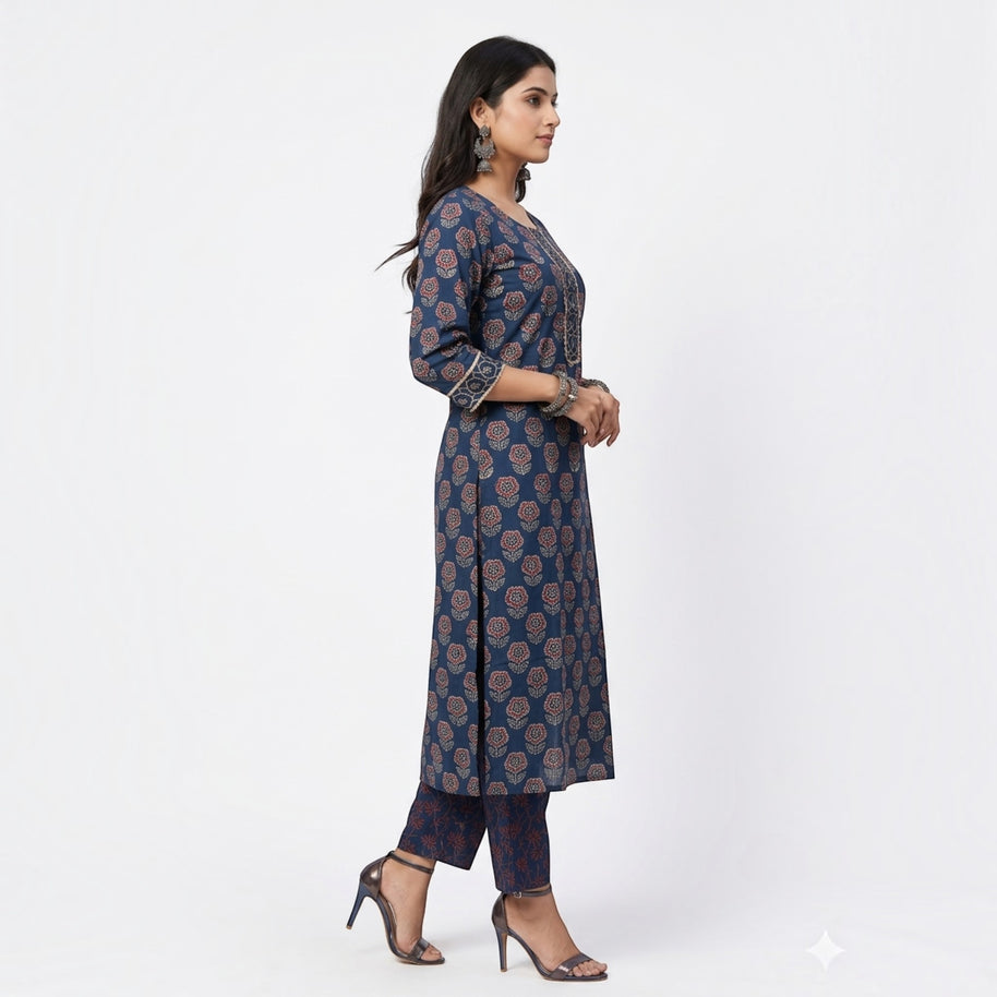 Blue Floral Handblock Cotton Kurta & Pant