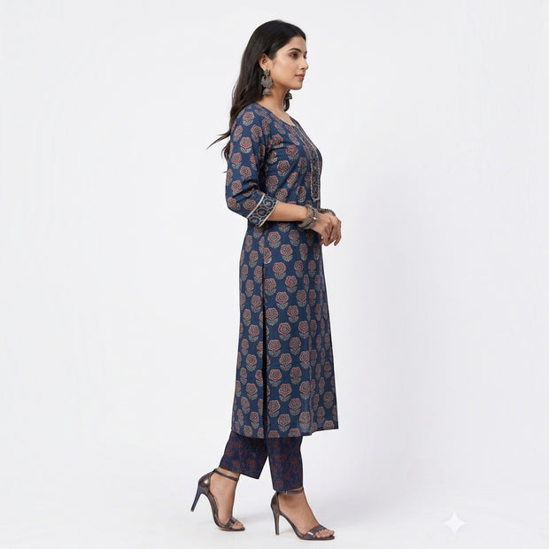 Blue Floral Handblock Cotton Kurta & Pant