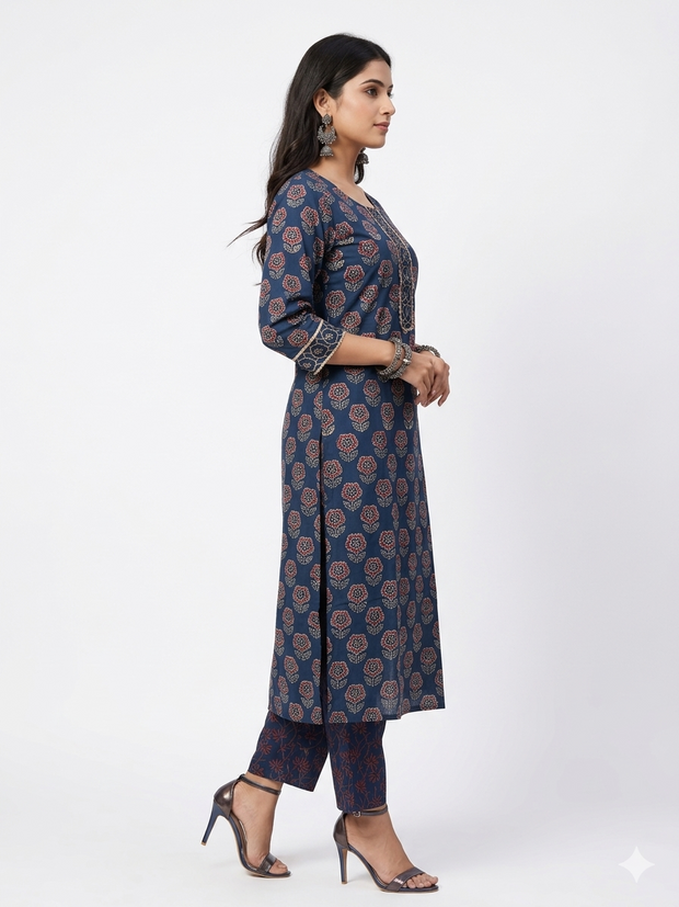 Blue Floral Handblock Cotton Kurta & Pant