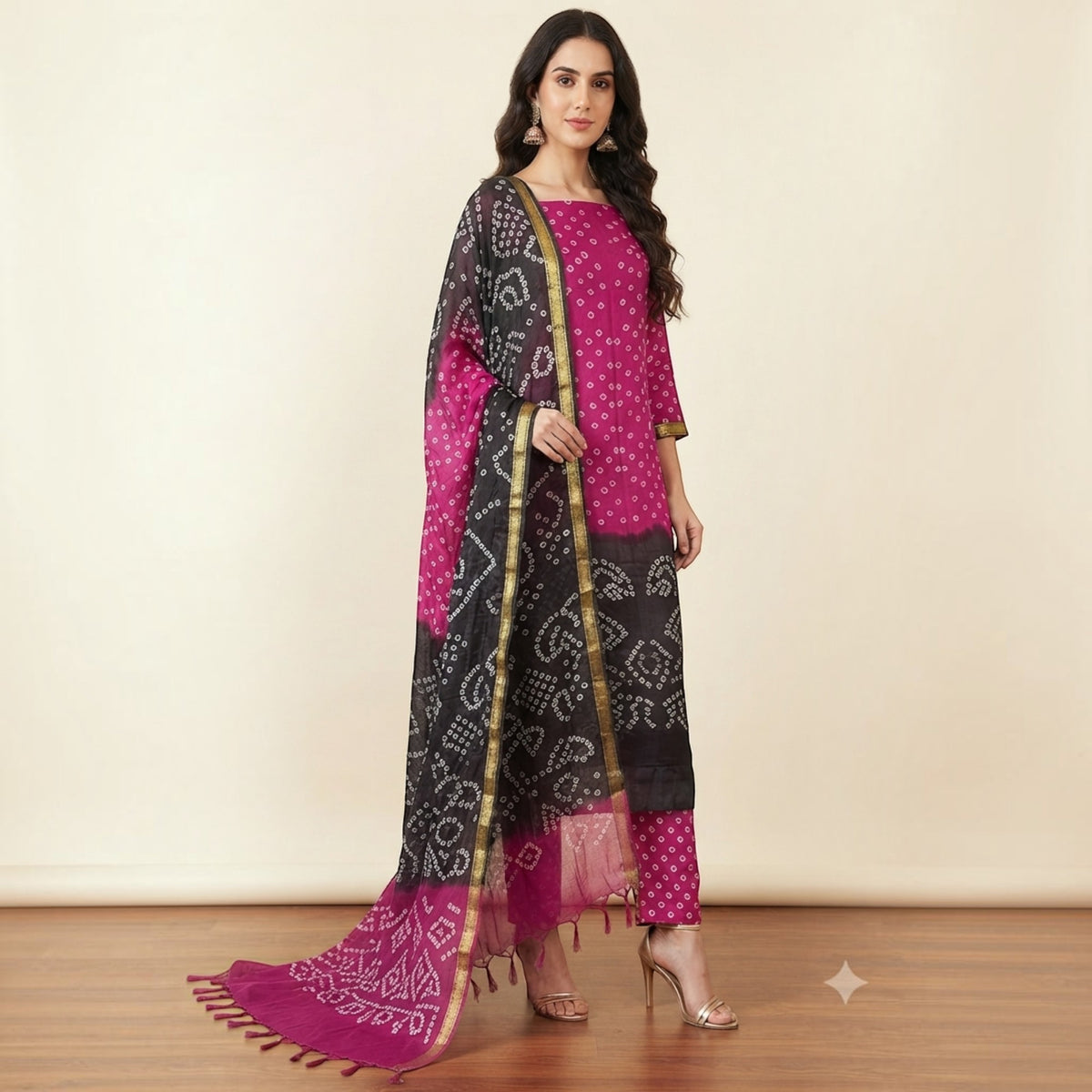Pink Grey Modal Silk Bandhej Suit