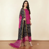 Pink Grey Modal Silk Bandhej Suit