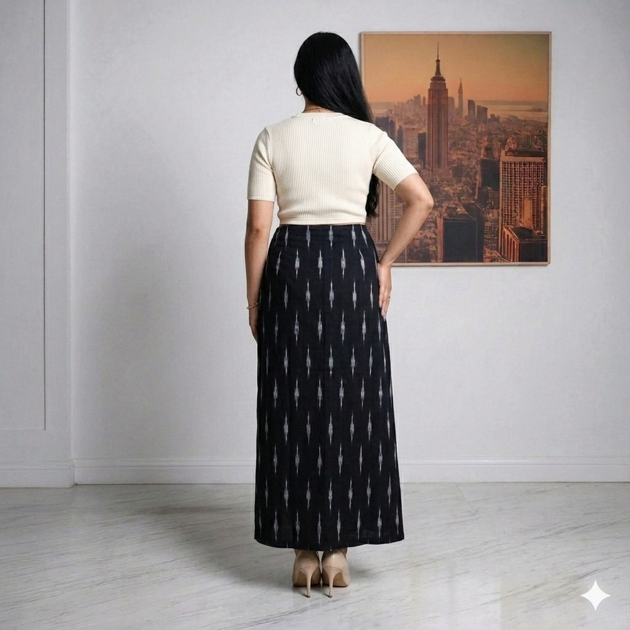 Black White Handwoven Cotton Ikat Long Skirt