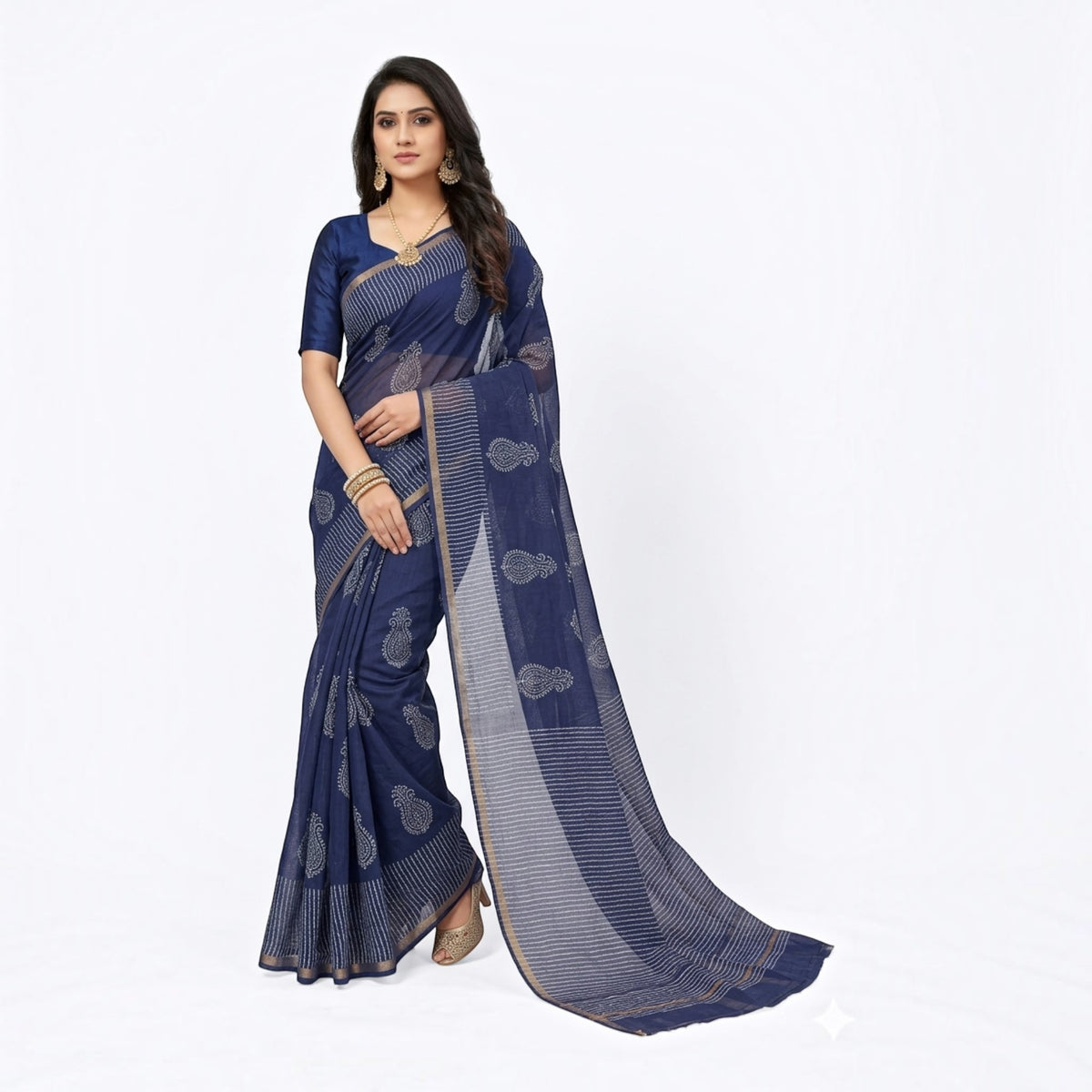 Blue Stripe Handblock Kota Cotton Saree