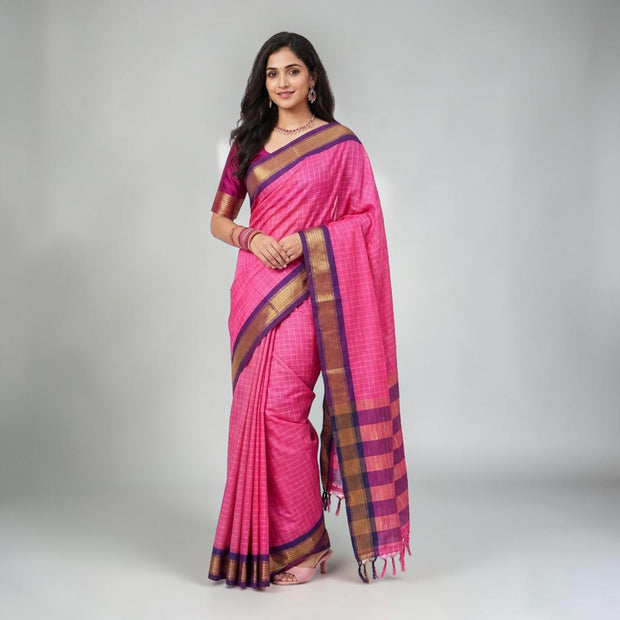 Pink Check Silk Saree