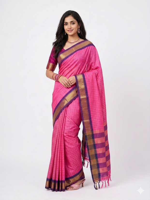 Pink Check Silk Saree
