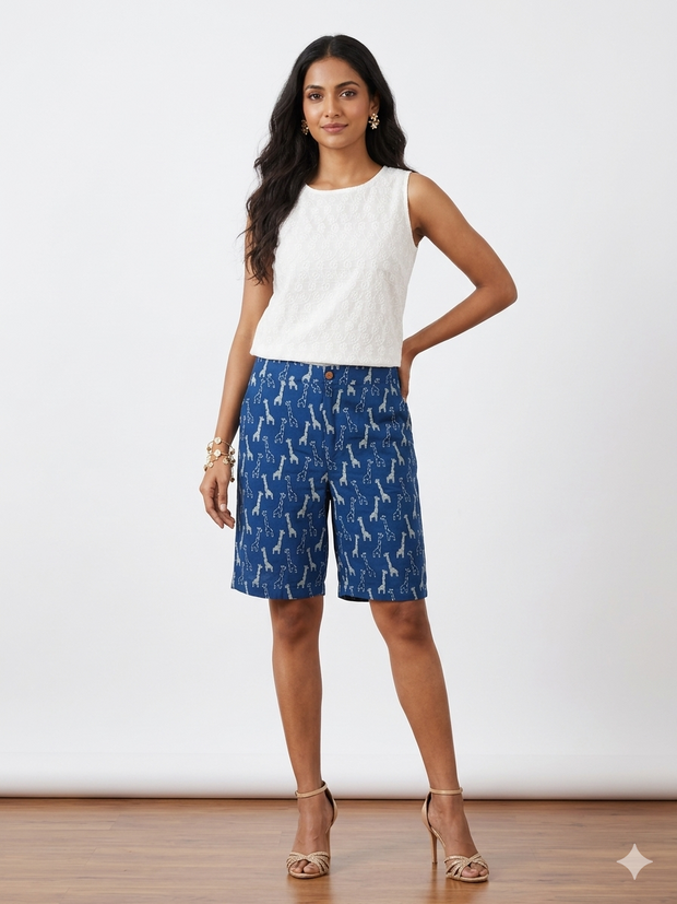 Blue Animal Cotton Shorts