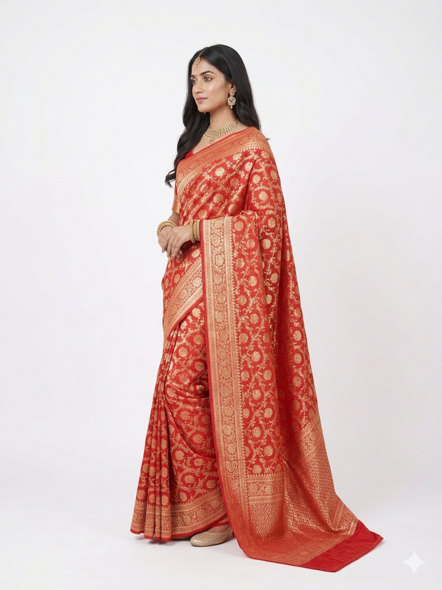 Red Golden Floral Silk Zari Saree