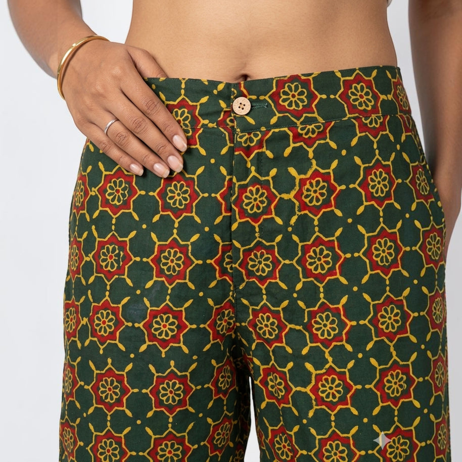 Green Ajrakh Handblock Cotton Shorts
