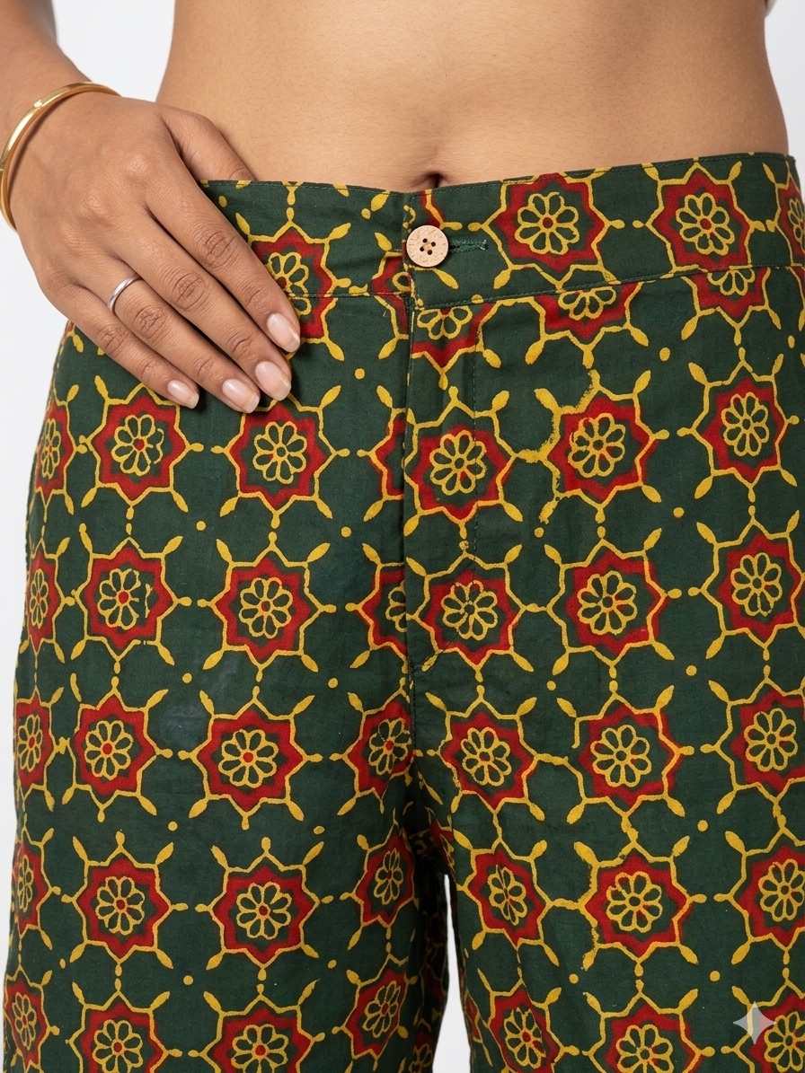 Green Ajrakh Handblock Cotton Shorts