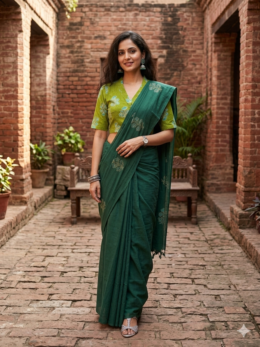 Green Floral Handblock Print Cotton Blouse