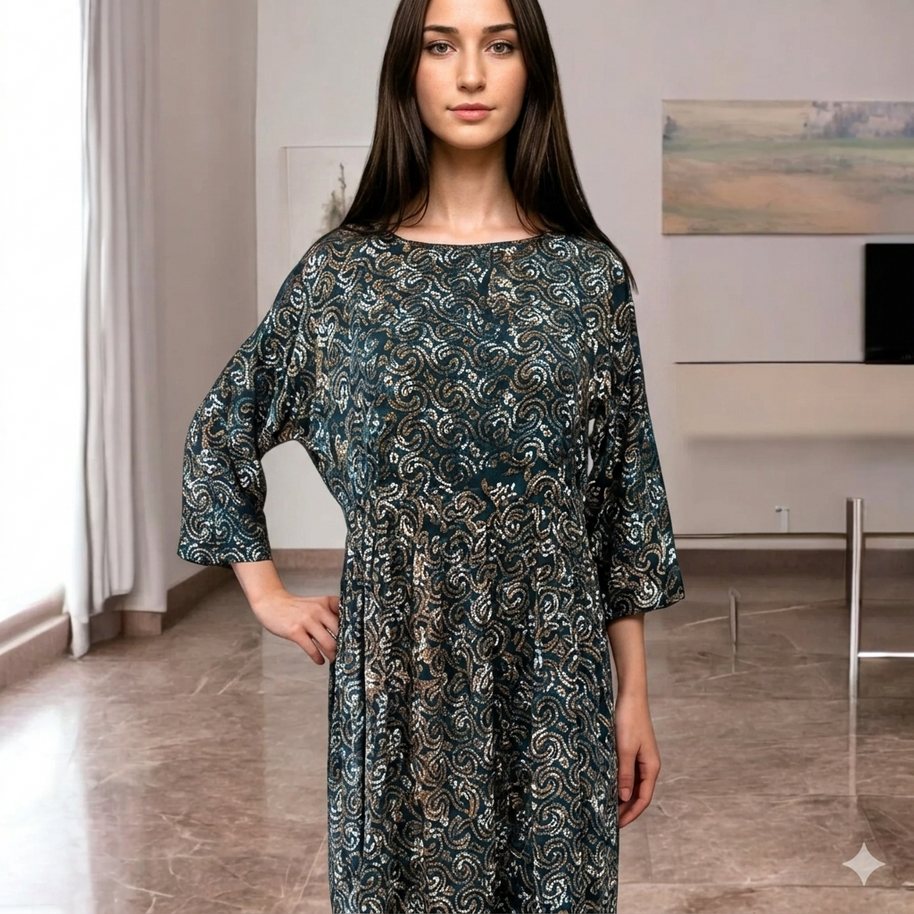 Blue Spiral Handblock Cotton Gathered Dress