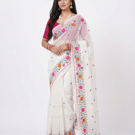 White Embroidery Kota Cotton Saree