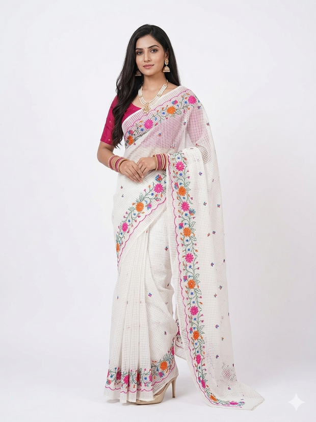 White Embroidery Kota Cotton Saree