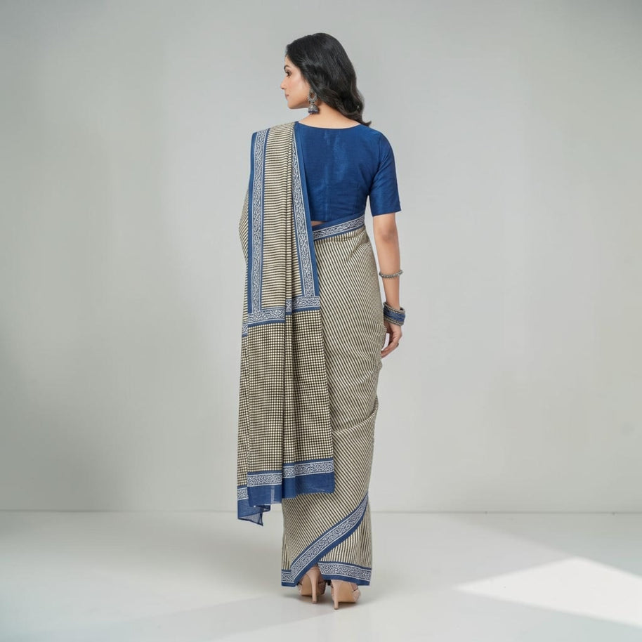 Offwhite Black Stripe Handblock Cotton Saree
