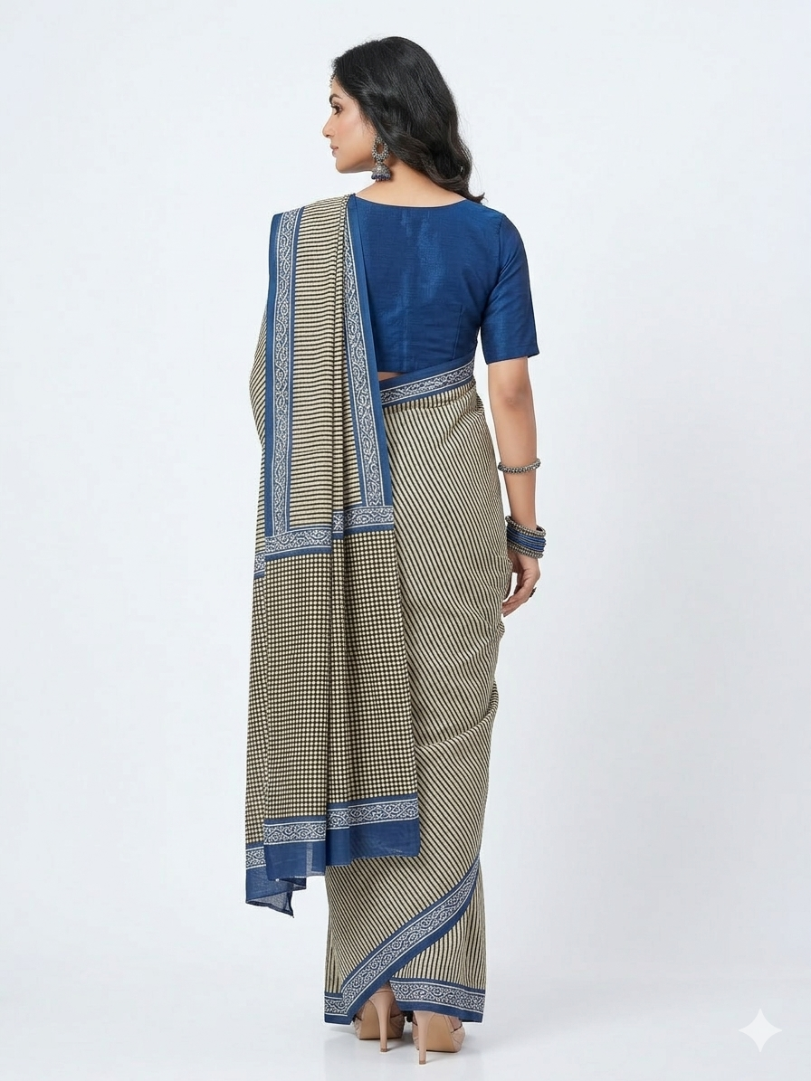 Offwhite Black Stripe Handblock Cotton Saree